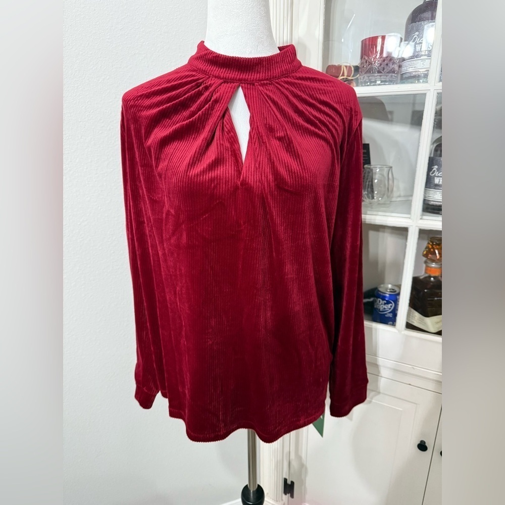 HALARA- Ribbed Velvet Stand Collar Cut Out Long Sleeve Casual Blouse